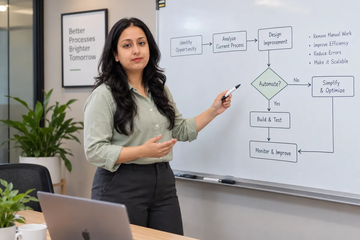 Khushbu mapping an automation decision flowchart on a whiteboard